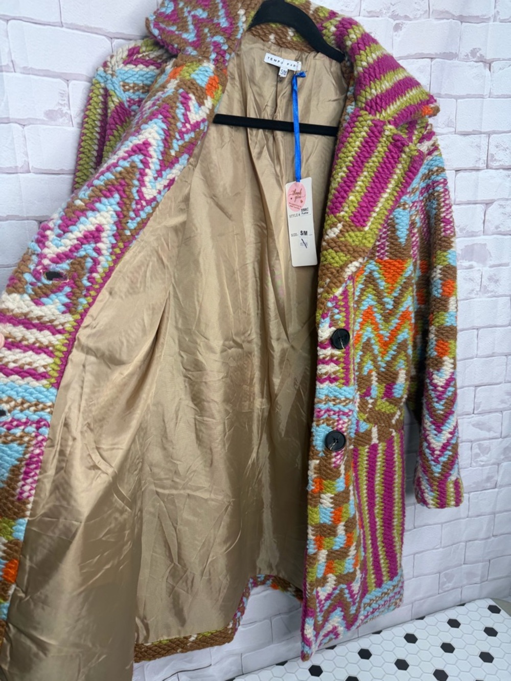Tempo Paris Chunky‎ Knit Statement Coat Multicolor Boho Patchwork Jacket Sz S/M - Picture 7 of 14